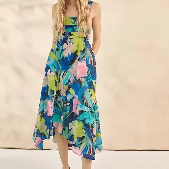 ANTHROPOLOGIE Sunny Midi Dress Silk Blend Tropical Size Medium READ - Picture 1 of 14